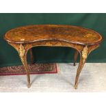 KIDNEY SHAPED WALNUT WRITING TABLE WITH DECORATED TOP, ORMOLU MOUNTS,