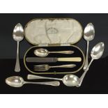 FIVE SILVER DESSERT SPOONS AND A CASED THREE PIECE CHRISTENING SET,