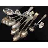 A SILVER MUSTARD SPOON, LONDON 1805 ALONG WITH FOUR SILVER TEASPOONS LONDON 1815,