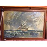 OIL ON BOARD, TALL SHIP SAILING SCENE BEARING SIGNATURE G.