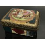 A CONTINENTAL GREEN AND GILT PORCELAIN LIDDED BOX PAINTED WITH DANCING GIRL INSIDE AND OUT,