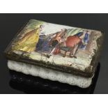 C18TH FRENCH ENAMEL SNUFF BOX, THE TOP DECORATED WITH 3 FIGURES BY A CHAIR.