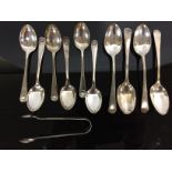 4 SILVER TEASPOONS AND 6 PLATED TEASPOONS WITH MATCHING SUGAR NIPS