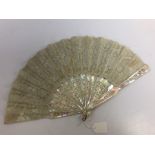 A C19TH FRENCH MOTHER OF PEARL AND SATIN FAN WITH LACE , PRESENTED IN CARDBOARD BOX,