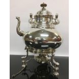 SILVER PLATED SPIRIT TEA KETTLE ON STAND WITH FRUITWOOD HANDLE. COMPLETE WITH BURNER.