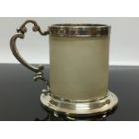 A VICTORIAN CHRISTENING MUG WITH GLASS BODY AND SILVER MOUNTS,