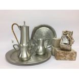 'ORIENTAL' PEWTER COFFEE SET ON TRAY AND SOME BOXED PEWTER SERVIETTE RINGS ,