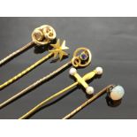 5 GOLD TIE PINS - A KNOT PIN , A SAPPHIRE STUD PIN , A GOLD SWORD AND PEARL TIPPED PIN,