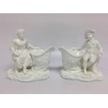 A PAIR OF C19TH GERMAN HARD PASTE MEISSEN STYLE BOY AND GIRL FIGURE POSY VASES.