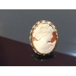 CLASSIC SHELL CAMEO BROOCH MOUNTED IN A 9CT GOLD ROPE TWIST FRAME.