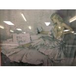 FRAMED RUSSELL FLINT PRINT, RECLINING TOPLESS LADY BEARING PENCIL SIGNATURE,