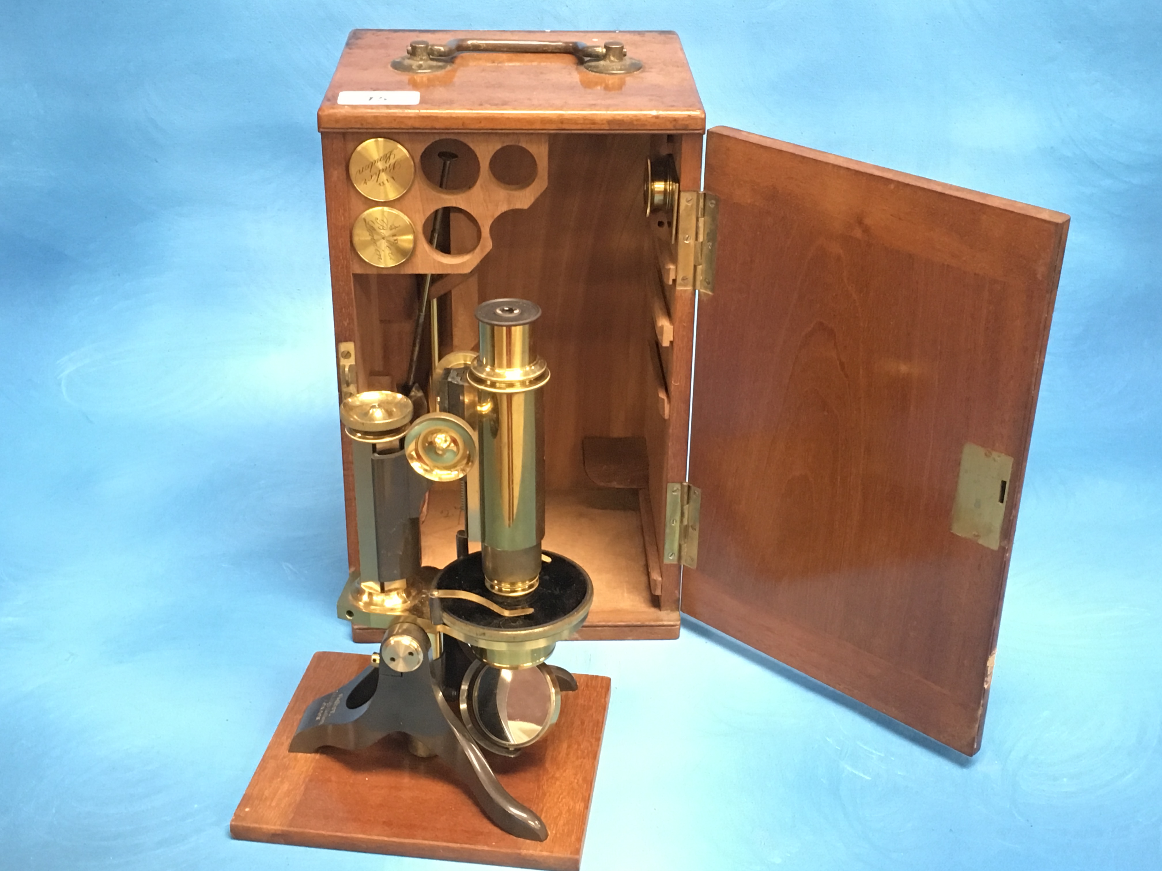 BRASS CASED MICROSCOPE WITH ACCESSORIES IN ORIGINAL FITTED MAHOGANY CASE BY BAKER LONDON - Image 2 of 2