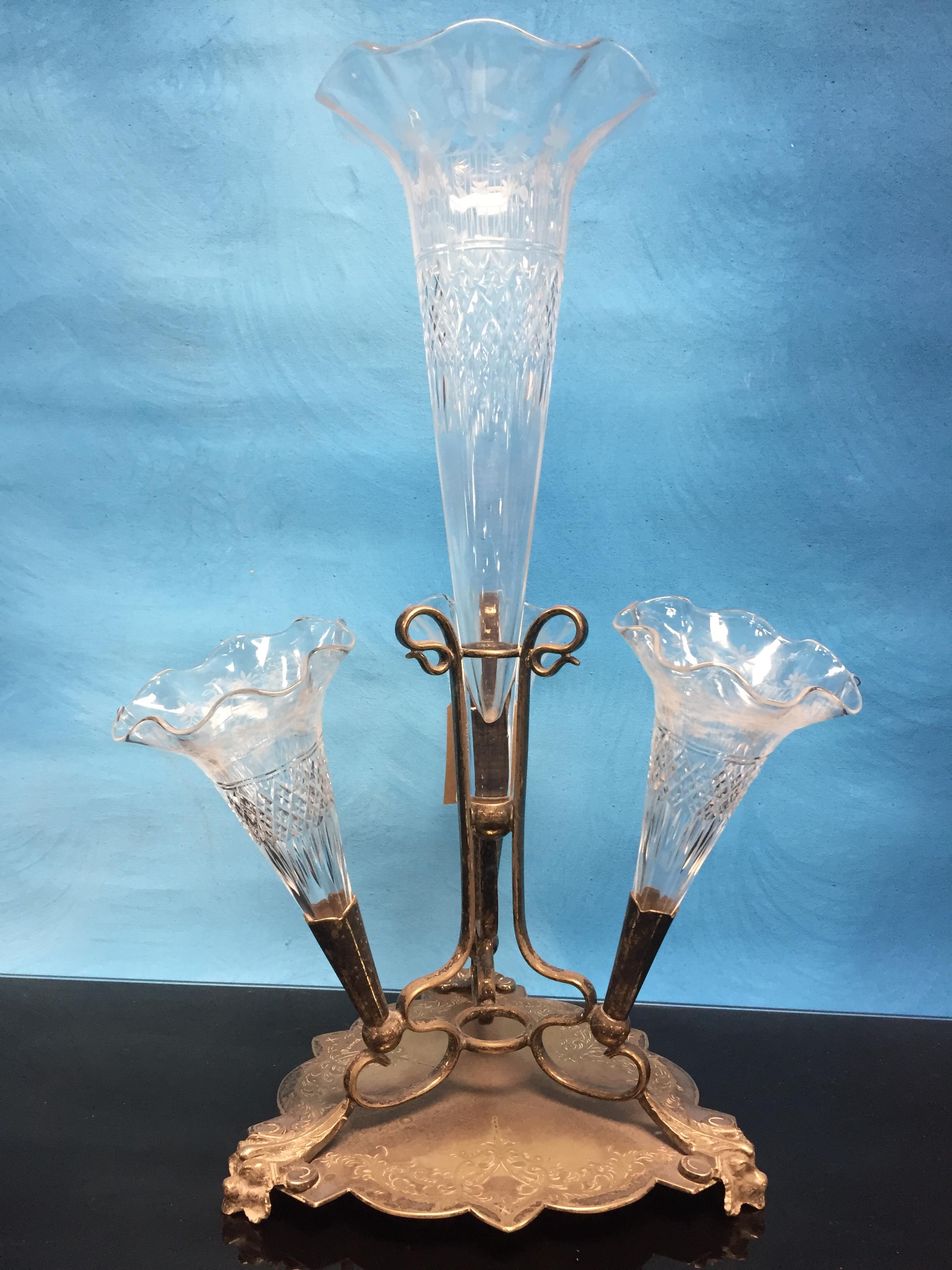 SILVER PLATED LILY EPERGNE WITH ETCHED CUT GLASS TRUMPETS,