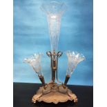 SILVER PLATED LILY EPERGNE WITH ETCHED CUT GLASS TRUMPETS,