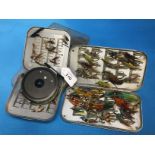 HARDY'S "THE UNIQUE" 3 1/4" FLY FISHING REEL AND HARDY'S TIN OF FLYS PLUS 2 OTHER TINS AND A