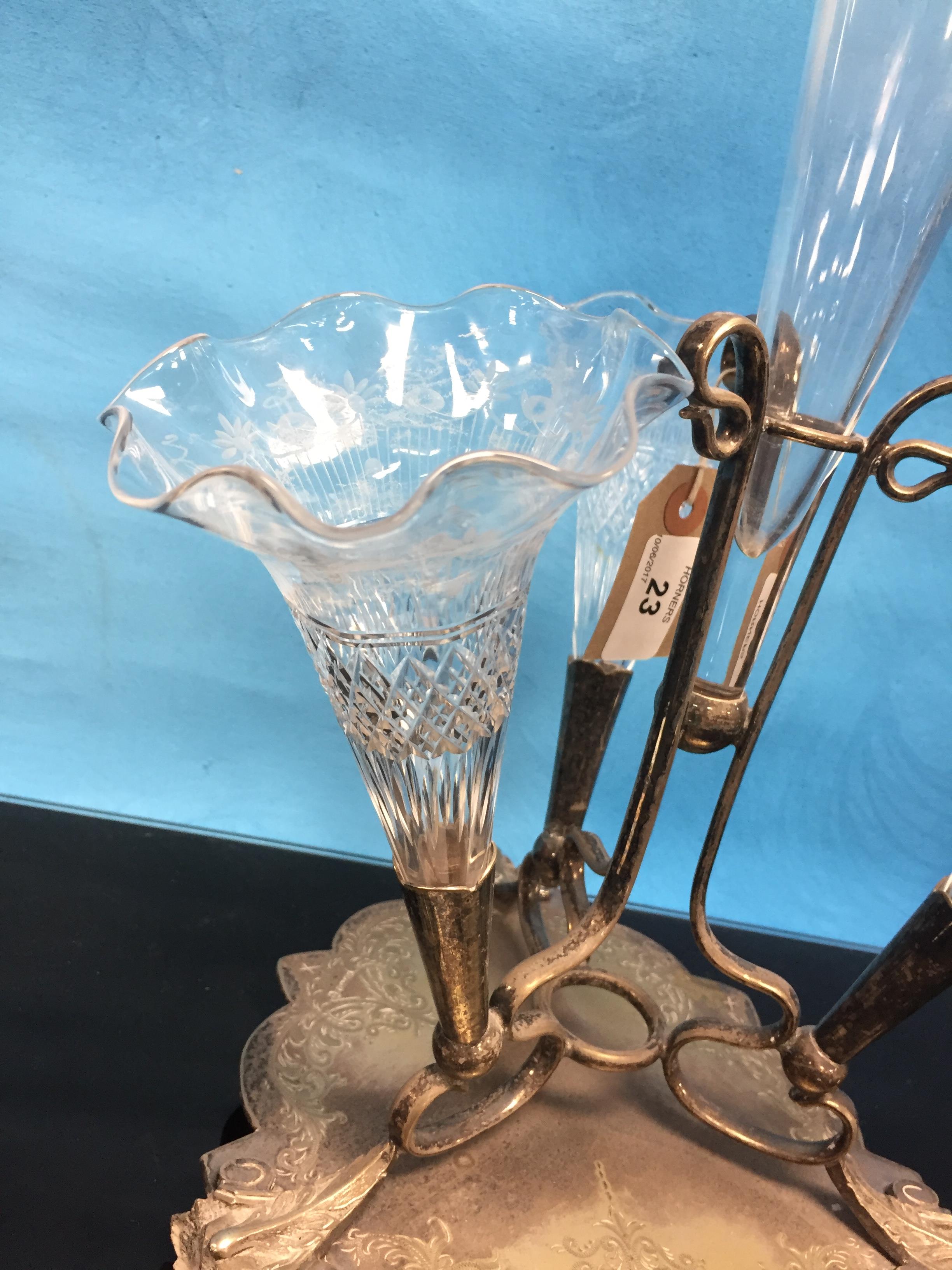 SILVER PLATED LILY EPERGNE WITH ETCHED CUT GLASS TRUMPETS, - Image 2 of 2