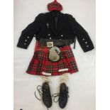 A CASE OF SCOTTISH COSTUME TO INCLUDE KILT, JACKET, BELT, SPORRAN, SOCKS, SHOES, DIRK ETC.