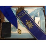 MASONIC APRON AND SASH (THE SASH MARKED NORFOLK) NECK STRAP WITH SUSPENDED MEDAL THE ORDER OF THE