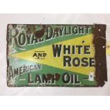 THREE ENAMEL SIGNS TO INCLUDE ROYAL DAY LIGHT LAMP OIL,