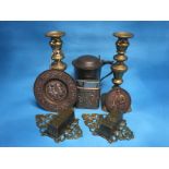 PAIR OF BRASS WALL MOUNTED VESTA BOXES, PAIR OF BRASS VICTORIAN CANDLE STICKS,