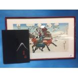 JAPANESE BOOK OF WOODCUTS AND A FRAMED JAPANESE WOODCUT PRINT