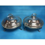 PAIR VICTORIAN COVERED WARMING DISHES WITH BURNERS BEARING CREST