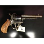 A PIN FIRE REVOLVER PISTOL WITH OCTAGONAL BARREL AND FRUITWOOD GRIP STAMPED V8149.