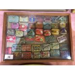 DISPLAY CASE OF VARIOUS VINTAGE GRAMOPHONE NEEDLE ADVERTISING TINS (40 APPROX)