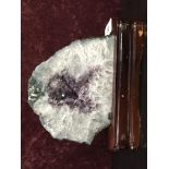 MOUNTED POLISHED AGATE SAMPLE WITH CRYSTAL CENTER