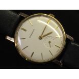 GENTLEMANS GOLD BLANCPAIN WRIST WATCH, CHAMPAGNE FACE WITH GOLD BATON HOUR MARKERS, SECOND APERTURE,