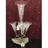 SILVER PLATED LILY EPERGNE WITH ETCHED CUT GLASS TRUMPETS,