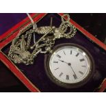 SILVER POCKET WATCH WITH FANCY LINK SILVER WATCH CHAIN PRESENTED IN ORIGINAL BOX