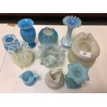 COLLECTION OF BLUE AND VASELINE AND OPALINE ART GLASS PIECES (10)