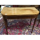 A SHERATON MAHOGANY FOLDING TOP CARD TABLE, BOXWOOD STRINGING INLAY, TAPERED SQUARED LEG,