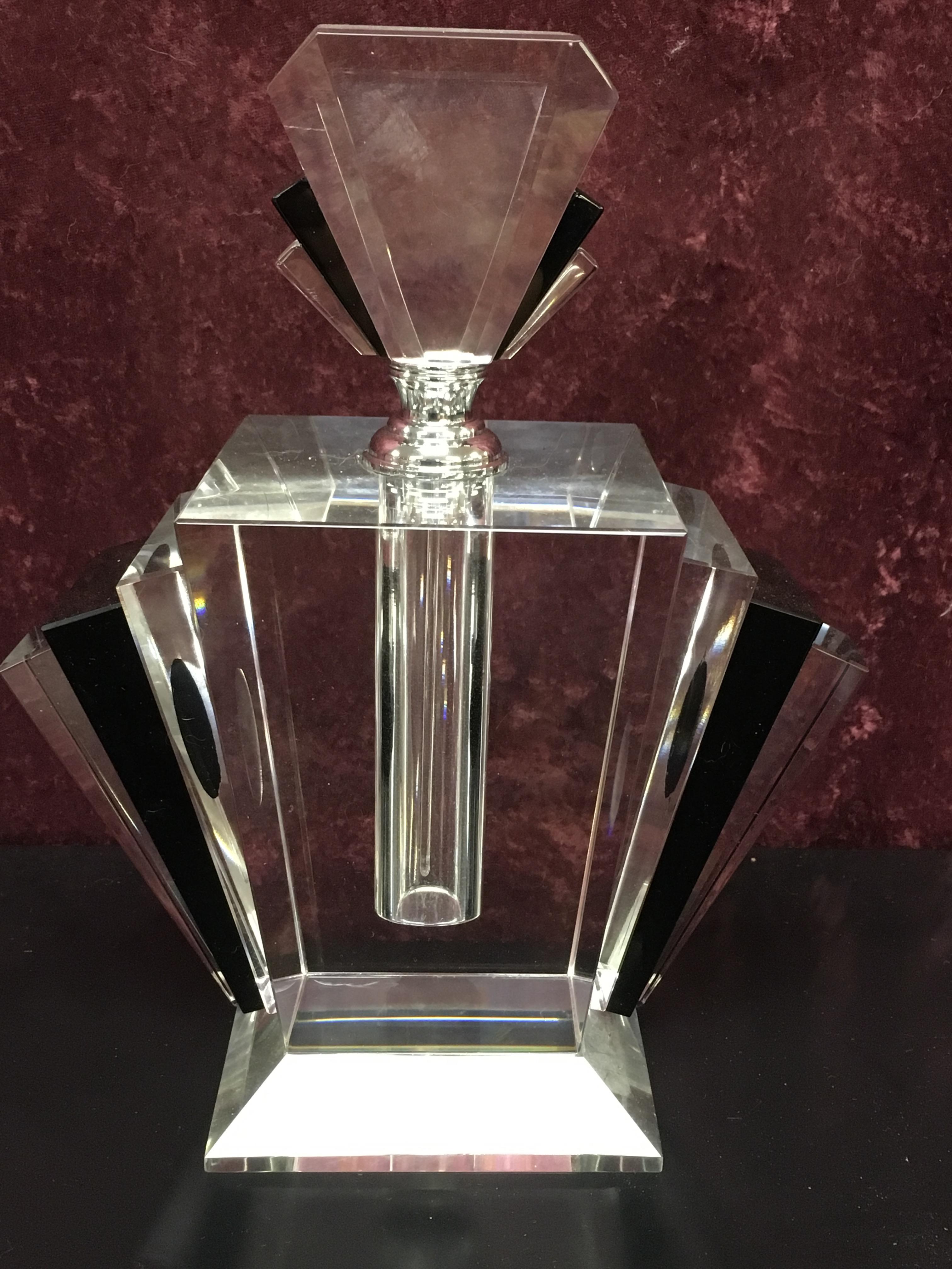 MODERN ART DECO STYLE LARGE DRESSING TABLE SCENT BOTTLE OF FANNED DESIGN WITH CHROME MOUNTS,