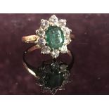 18CT YELLOW GOLD DIAMOND AND EMERALD CLUSTER RING