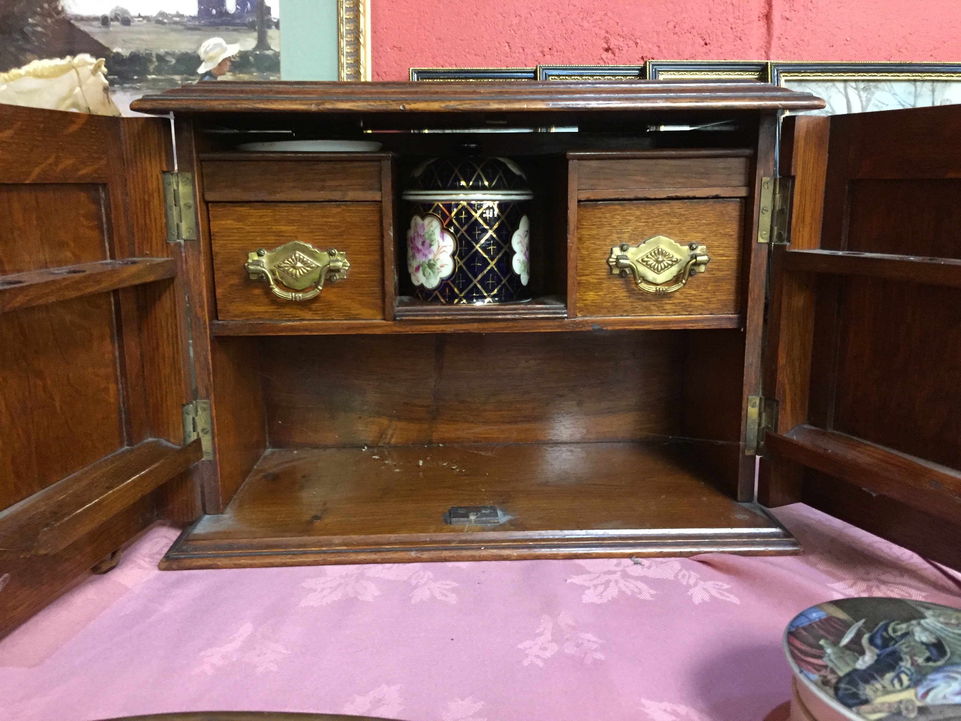 A VICTORIAN MAHOGANY SMOKERS CABINET ALONG WITH 19TH CENTURY TOBACCO JAR AND COVER AND MATCHING - Image 2 of 2