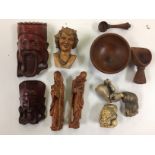 TWO CHINESE MINIATURE TREEN MASKS, 2 ORIENTAL FIGURES,