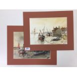 A PAIR OF FISHING BOAT WATERCOLOURS, PROBABLY WELLS, NORTH NORFOLK, BEARING SIGNATURE COX,