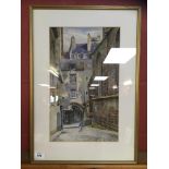 WATERCOLOUR "NARROW STREET SCENE" BEARING INITIALS S.A.H.