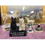 BLACK AND WHITE SCOTCH WHISKEY DOG FIGURE AND 2 WHITE HORSE SCOTCH WHISKEY ADVERTISING HORSES AND 2