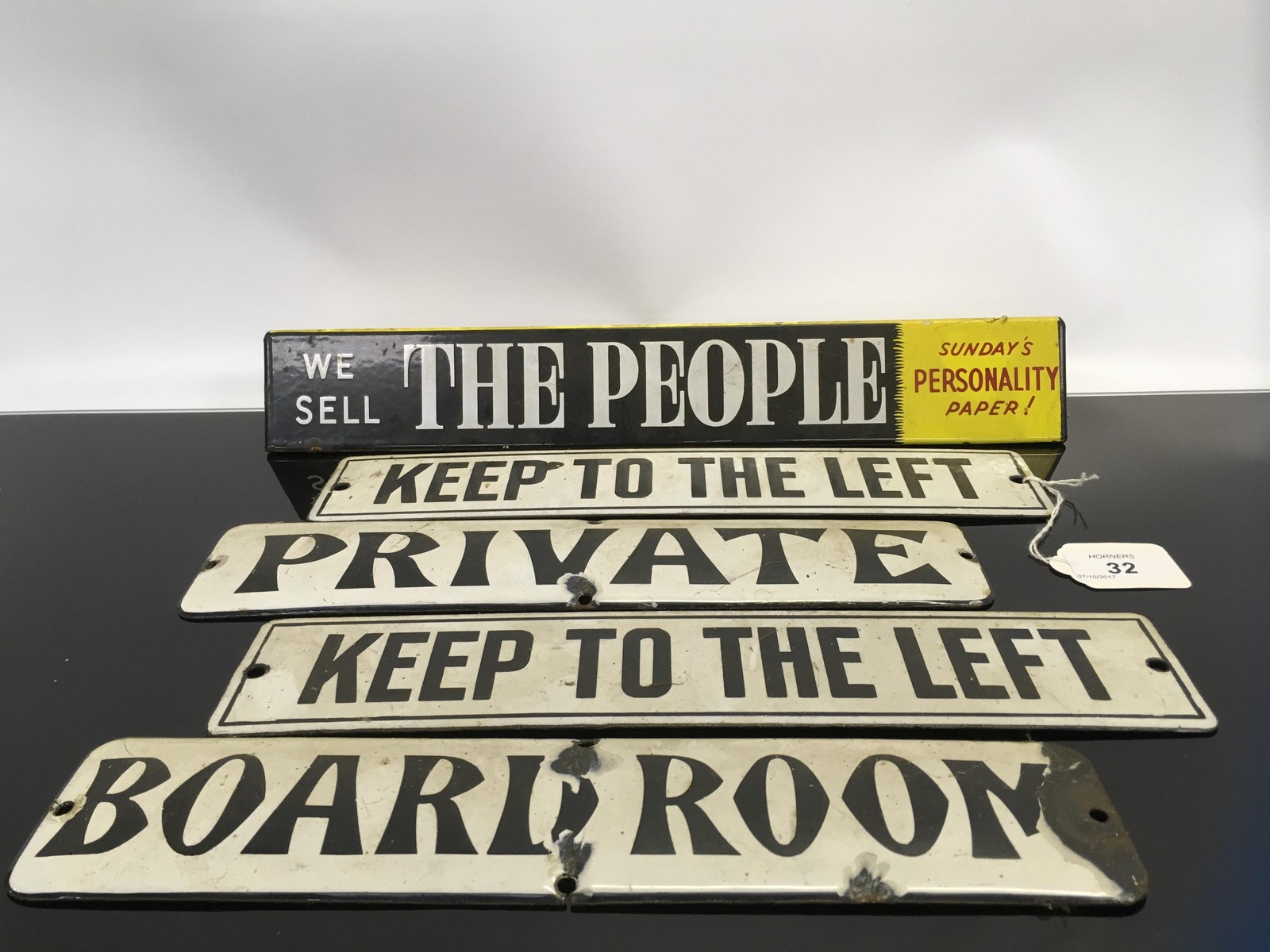 4 ENAMEL 'DOOR' SIGNS & TRIANGULAR 'THE PEOPLE' DESK SIGN