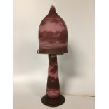 A LOETZ CAMEO GLASS LAMP FROSTED PINK WITH DARK PINK OVERLAYS DEPICTING HOUSE AND MOUNTAINS,