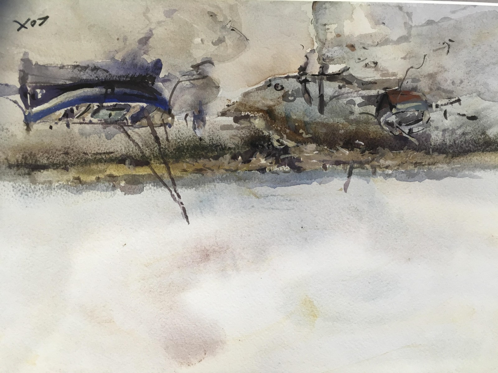WATERCOLOUR "FISHING BOATS ON MUD FLATS" 24 X 34 CM BEARING SIGNATURE COX (MOUNTED BUT UNFRAMED) - Image 2 of 3