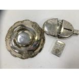 925 WHITE METAL BOWL, PLATED HIP FLASK AND WHITE METAL LIGHTER, MARKED LAESPERANZA, DGS,