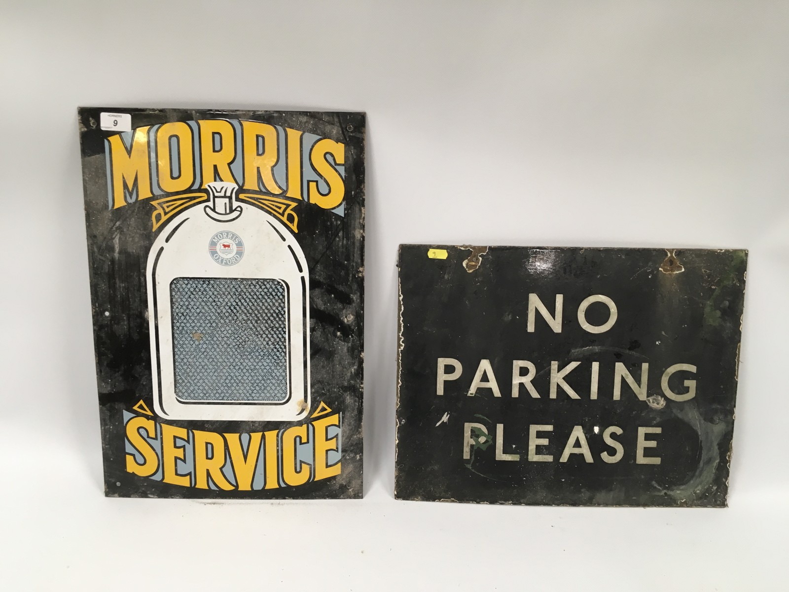 2 ENAMEL SIGNS - 'NO PARKING PLEASE' 36 X 46CM ALONG WITH 'MORRIS SERVICE' SIGN 52 X 36CM