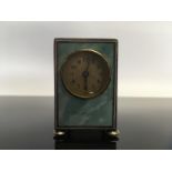 MINIATURE GREEN ENAMEL CLOCK WITH 8 DAY MOVEMENT, LEMANIA WATCH CO.