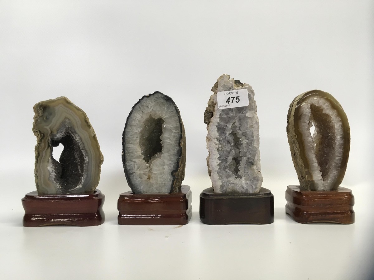 4 X AGATE CRYSTAL SAMPLES ON DISPLAY STAND