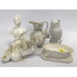 5 PIECES OF 'CREAM WARE' VINE DECORATED JUG, BUST OF LADY, OWL, DRAGON FIGURE,