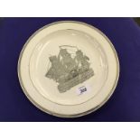 A CREAMWARE PLATE PRINTED WITH A SHIP (CRACK AND CHIP)